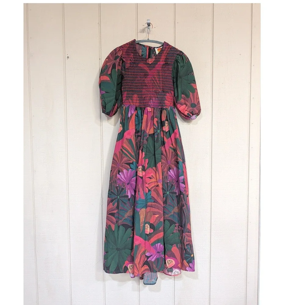Farm Rio Dark Flowers Smocked Midi Dress Puff Sleeve Floral XS - Picture 2 of 16